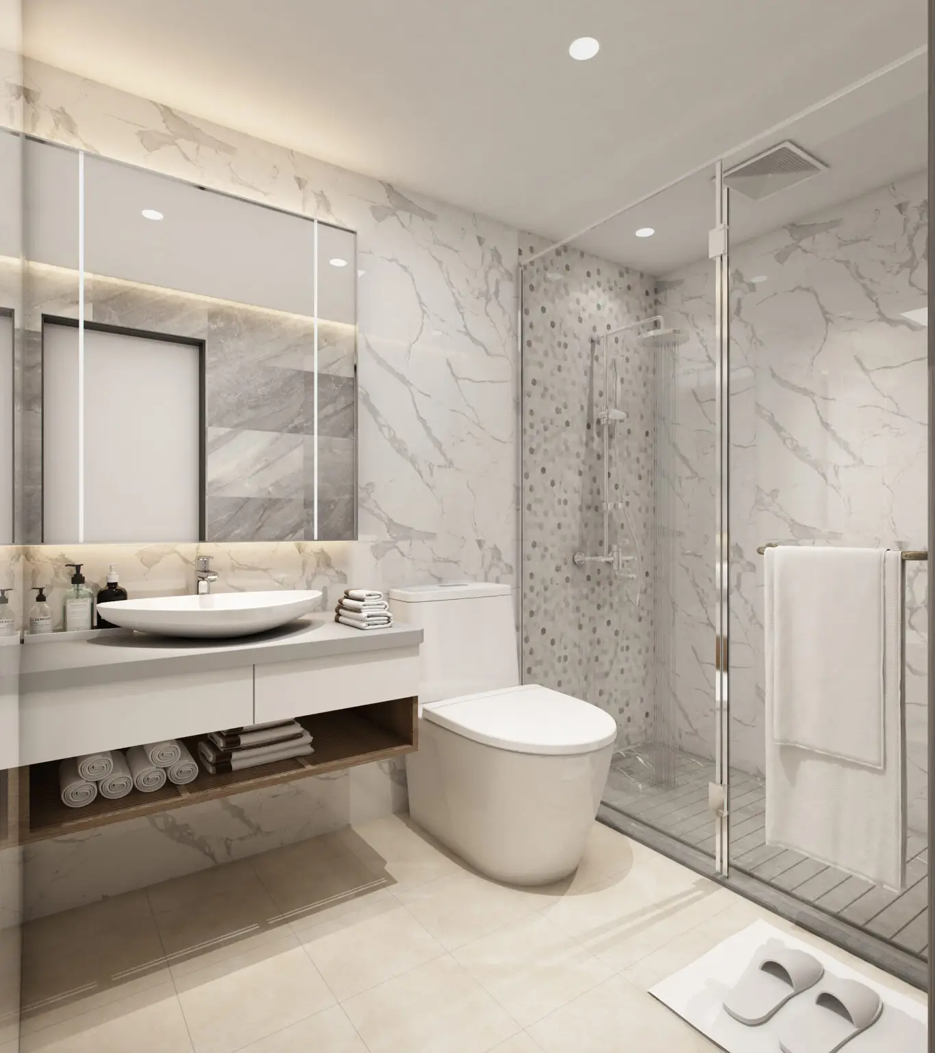 Marble-finished bathroom at Opal Suites