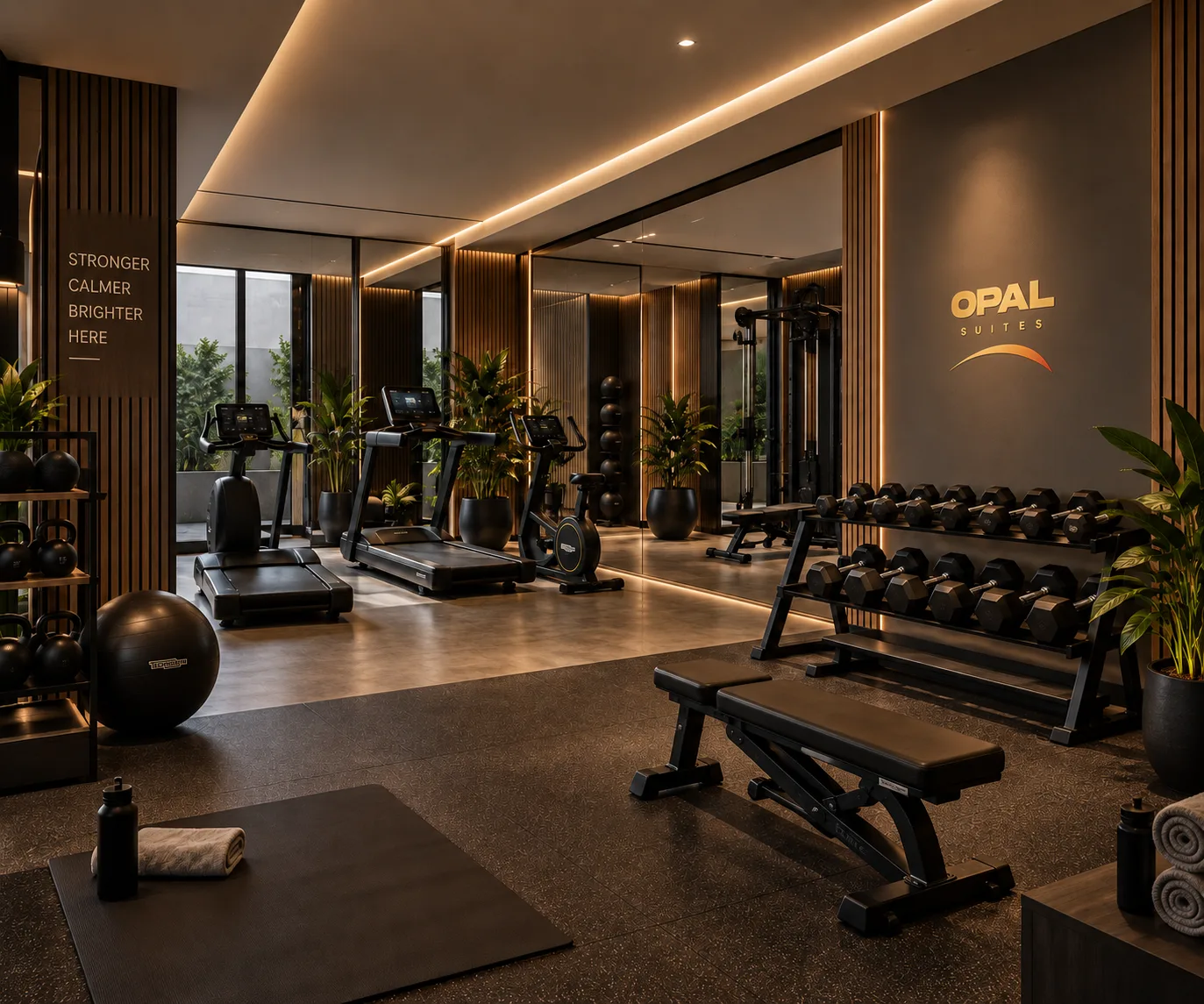 A resident training in the warmly lit Opal Suites fitness centre