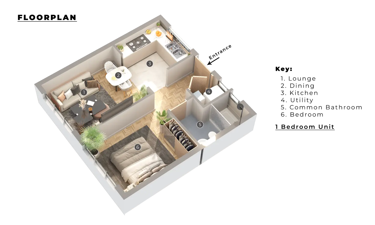 3D cutaway of the one-bedroom residence at Opal Suites, showing lounge, dining, kitchen, utility, bathroom and bedroom