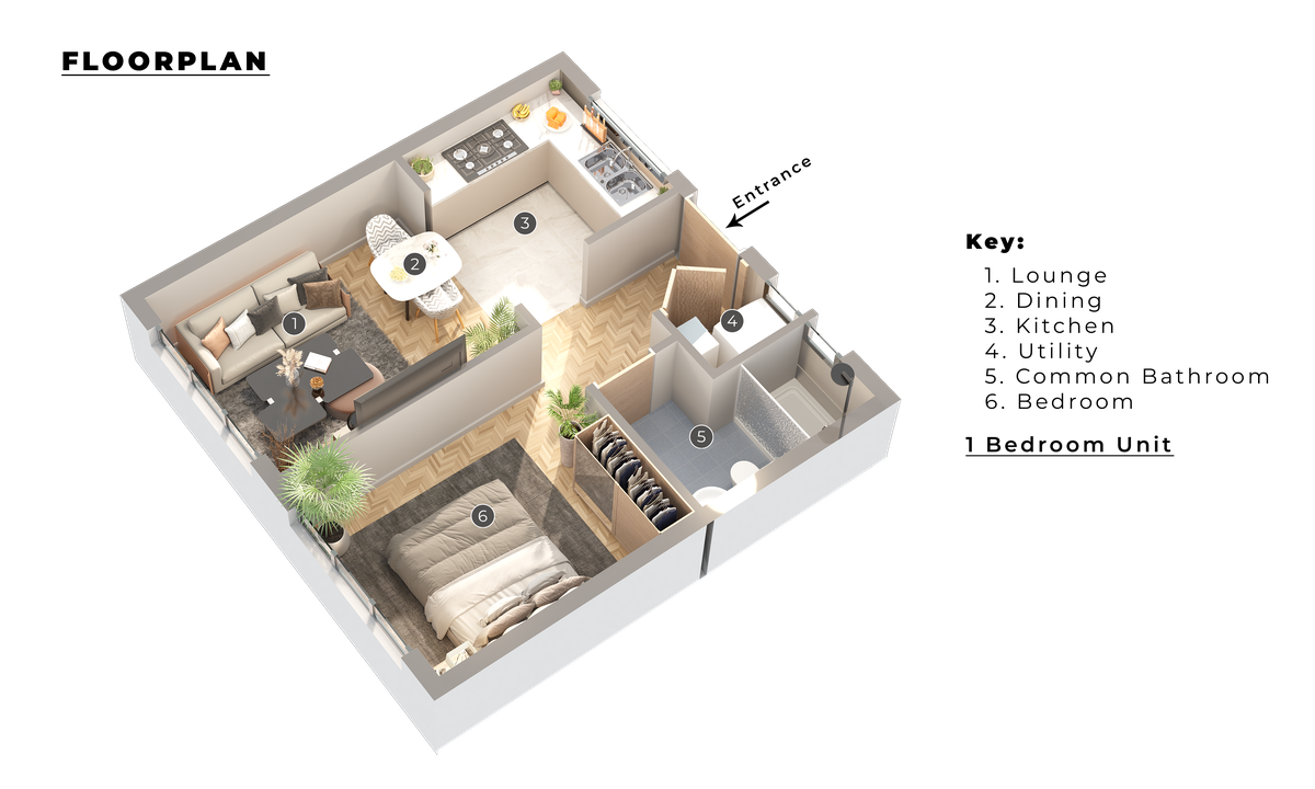 One-bedroom floor plan: lounge, dining, kitchen, utility, common bathroom and bedroom