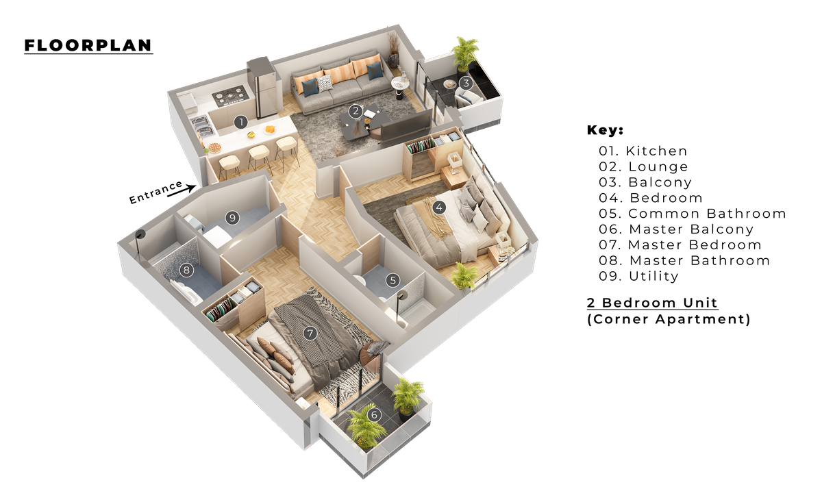 Two-bedroom corner floor plan with living area glazed on two sides