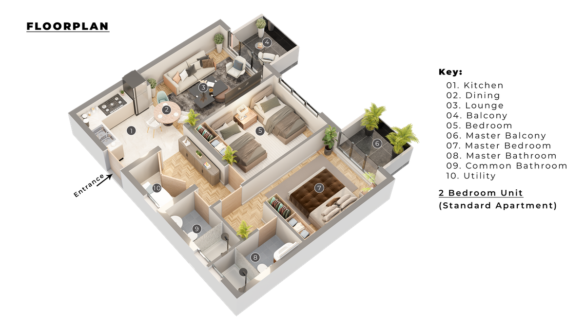 Two-bedroom standard floor plan: lounge, dining, kitchen, utility, two bedrooms and bathrooms