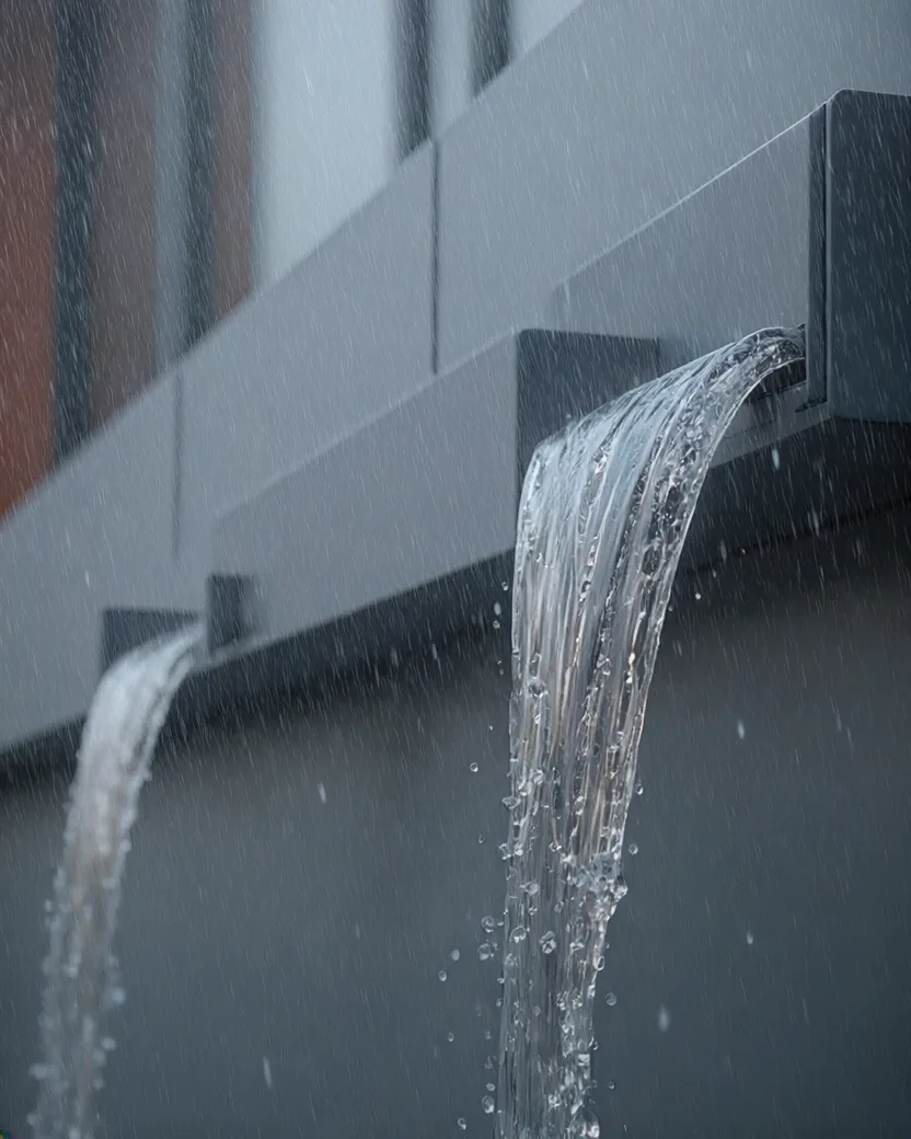 Rain spouts channelling water off the facade into the harvesting system
