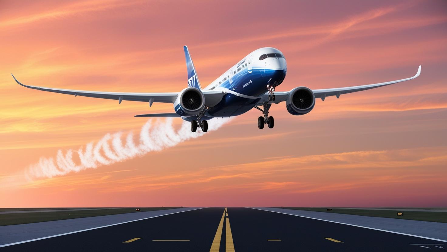 Create an image of a plane taking off the runway with a beautiful sunrise